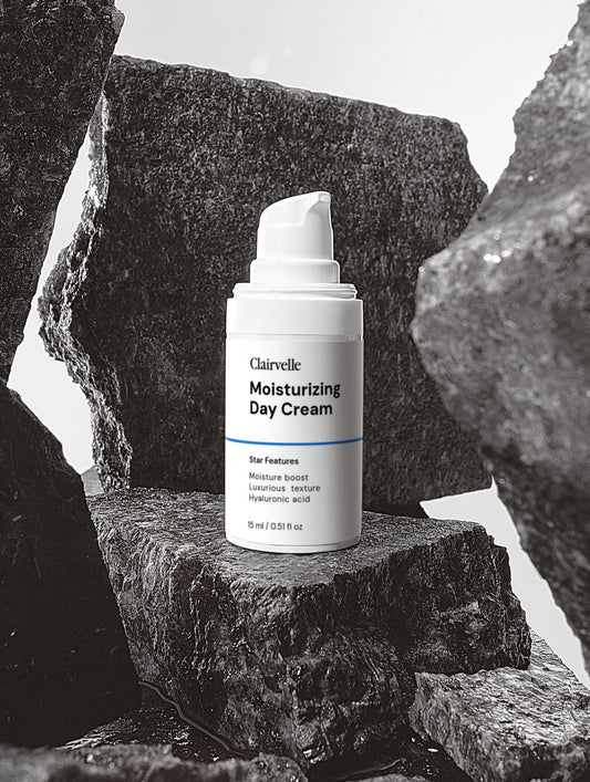 Clairvelle moisturizing day cream bottle on a stone surface with a minimal background